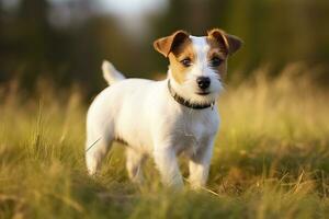 ai genererad Lycklig domkraft russell terrier sällskapsdjur hund väntar, lyssnande i de gräs. ai genererad foto