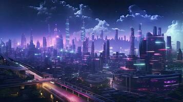 ai genererad en futuristisk, cyberpunk inspirerad stadsbild på natt. ai genererad foto