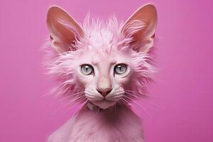 ai genererad rosa färgad katt på rosa bakgrund. ai genererad foto