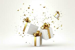 ai genererad glad ny år och glad jul 2024 vit gåva lådor med gyllene bågar och guld paljetter konfetti på vit bakgrund. ai genererad foto