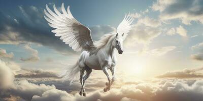 ai genererad en vit häst med vingar. ai genererad foto
