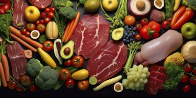 ai genererad annorlunda typer av kött, grönsaker, och frukt lägga i stormarknader. generativ ai foto