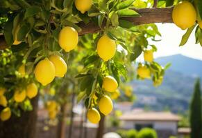 ai genererad citroner växande i en solig trädgård på amalfi kust i Italien. ai genererad foto