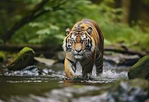 ai genererad amur tiger gående i de vatten. farlig djur. djur- i en grön skog ström. generativ ai foto