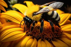 ai genererad humla samlar pollen från en solros. grund djup av fält, en närbild av en humla på en vibrerande solros, ai genererad foto