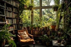 ai genererad interiör av en mysigt rum med bokhyllor och växter i krukor, en rörig urban lägenhet fylld med böcker och växter, ai genererad foto