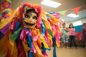 ai genererad färgrik karneval mask i främre av barn i de bakgrund, en färgrik pinata på en barns fest med ögonbindel barn redo till gunga, ai genererad foto