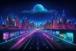 ai genererad trogen stad på natt med neon lampor och väg. vektor illustration, illustrera en neonfärgad färdplan och gata mot en mörk bakgrund med mål, ai genererad foto