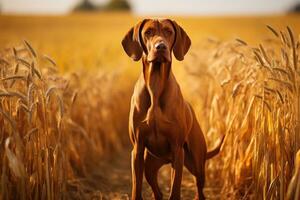 ai genererad ungerska jägare hund vizsla i de fält av gyllene vete, ungerska hund pekare vizsla hund i höst tid i de fält, ai genererad foto