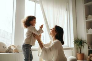 ai genererad Lycklig mor och dotter spelar tillsammans på Hem. moderskap begrepp, kram i Hem och helgen spela tid livsstil för mamma förälder, ai genererad foto