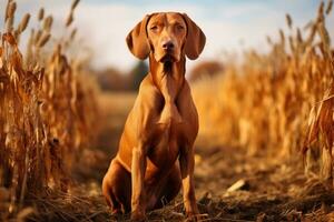 ai genererad ungerska hund hund vizsla i en fält av majs, ungerska hund pekare vizsla hund i höst tid i de fält, ai genererad foto
