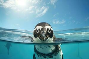 ai genererad afrikansk pingvin spheniskus demersus simning under vattnet, humboldt pingvin är simning i de slå samman, ai genererad foto
