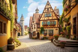 ai genererad gammal stad av rothenburg ob der tauber, Bayern, Tyskland, en charmig, kullerstensbelagd europeisk by med ljus, pittoresk hus, ai genererad foto