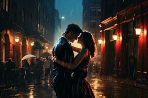 ai genererad romantisk par i kärlek kissing under regn i de stad på natt, ai genererad foto