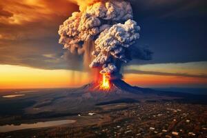 ai genererad vulkanisk utbrott i kamchatka halvö, ryssland på solnedgång, utbrott av de tolbachik vulkan, ai genererad foto