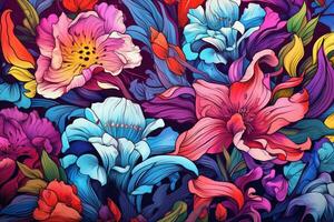 ai genererad sömlös blommig mönster med färgrik blommor och löv. vektor illustration, blommig färgrik sömlös mönster inspirerad förbi lisa frank och James jean, terar naturlig växter och foto