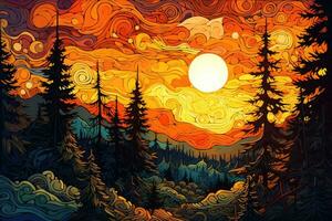 ai genererad solnedgång i de skog. färgrik vektor illustration för din design, skog landskap med en virvlande orange himmel, ett tömma färgrik bakgrund, liknar en skåpbil gogh stil målning foto