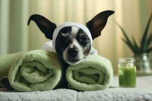 ai genererad söt liten chihuahua hund insvept i en handduk liggande på en handduk och en glas av mjölk, söt hund avslappnad från spa förfaranden på de ansikte med gurka, täckt med en handduk, ai genererad foto