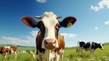 ai genererad friska kor på de grön fält. odla, ranch, mjölk, ko, färsk mjölk, mejeri foto