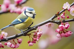 ai genererad en bluetit fågel vilar på de gren av en träd. ai genererad. foto