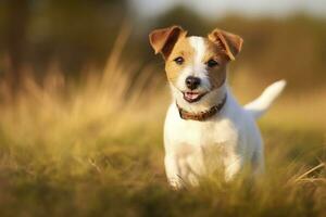 ai genererad Lycklig domkraft russell terrier sällskapsdjur hund väntar, lyssnande i de gräs. ai genererad foto