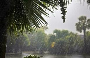 ai genererad regn i de tropikerna under de låg säsong eller monsun säsong. regndroppar i en trädgård. generativ ai foto