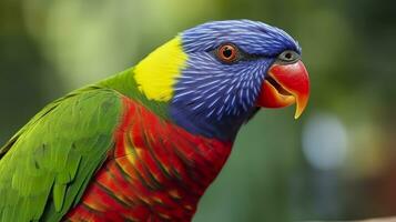 ai genererad sida se närbild av skön och färgrik lorikeet grön naken fågel. generativ ai foto