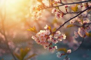 ai genererad vår blomma bakgrund. natur scen med blomning träd och Sol blossa. generativ ai foto