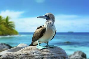 ai genererad de sällsynt blåfotad drummel vilar på de strand. ai genererad foto