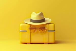 ai genererad gul resväska med Sol glasögon och hatt på gul bakgrund. resa begrepp. generativ ai foto