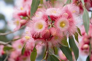 ai genererad skön gummi träd rosa blommor och knoppar. ai genererad foto