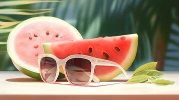 ai genererad vattenmelon skiva och solglasögon bakgrund med kopia Plats foto
