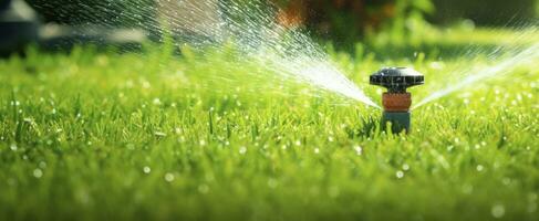 ai genererad automatisk trädgård gräsmatta sprinkler i verkan vattning gräs. ai genererad foto