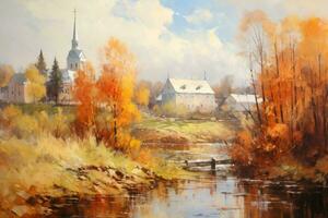 ai genererad höst landskap med kyrka i suzdal, Ryssland. olja målning, impressionism konst av gammal vitebsk i de höst, ai genererad foto