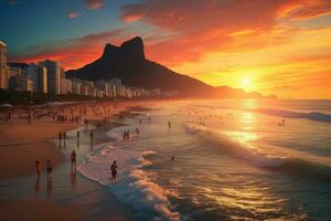 ai genererad rio de Janeiro, Brasilien. solnedgång på copacabana strand, ipanema strand i rio de janeiro på en underbar solnedgång, ai genererad foto