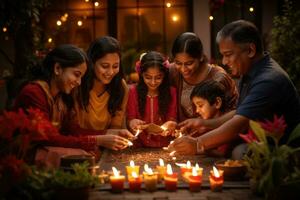 ai genererad indisk familj belysning ljus under diwali firande på tabell utomhus, indisk hindu familj samlade in tillsammans fira diwali i deras bakgård trädgård, ai genererad foto