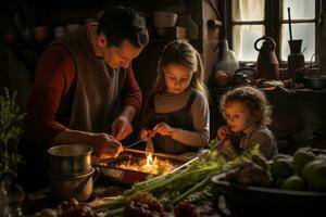 ai genererad ung familj matlagning i de kök på Hem. man och kvinna är framställning mat, en familj matlagning tillsammans i en rustik, Land kök, ai genererad foto