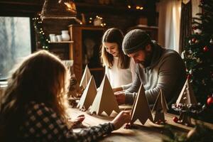 ai genererad Lycklig familj framställning jul träd dekoration på Hem. mor, far och barn, en familj crafting hemlagad dekorationer under en Semester säsong, ai genererad foto