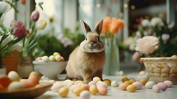 ai genererad söt påsk kanin i blommor med färgad vaktel ägg. ljus trevlig fotografering. vår vibrafon. hög kvalitet. ai generativ foto