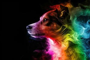 ai genererad hund med regnbåge rökig självlysande tapet foto