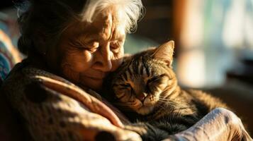 ai genererad porträtt äldre äldre med sällskapsdjur, ett åldrig kvinna kramar henne älskad katt foto