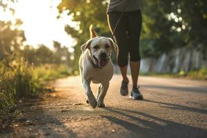ai genererad en person joggning med deras hund som en roligt sätt till övning foto