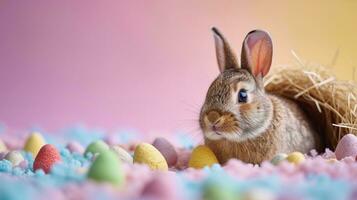ai genererad förtjusande påsk kanin med påsk ägg, färgrik påsk ägg, baner och tapet foto