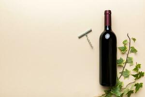 ett flaska av röd vin med korkskruv på färgad tabell. platt lägga, topp se med kopia Plats foto