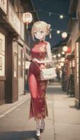 ai genererad söt anime flicka karaktär bär kinesisk Cheongsam zansae qipao mandarin klänning för visuell ny festival bakgrund foto