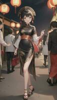 ai genererad söt anime flicka karaktär bär kinesisk Cheongsam zansae qipao mandarin klänning för visuell ny festival bakgrund foto