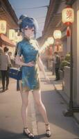 ai genererad söt anime flicka karaktär bär kinesisk Cheongsam zansae qipao mandarin klänning för visuell ny festival bakgrund foto