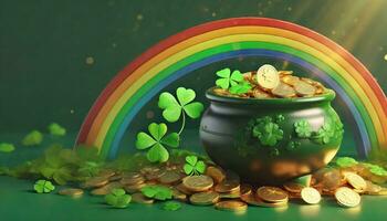 ai genererad baner med pott av guld mynt, klöver löv och regnbåge. st. Patricks dag begrepp. foto