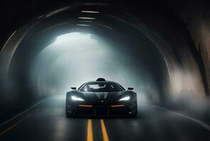 ai genererad lyx sporter bil körning på de väg i tunnel. dimmig foto