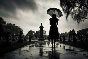 ai genererad skön ung kvinna med paraply i de kyrkogård foto